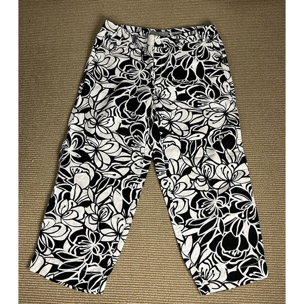 liz claiborne Audra Floral capri pants size 10 Cotton &‎ Linen Off White Black